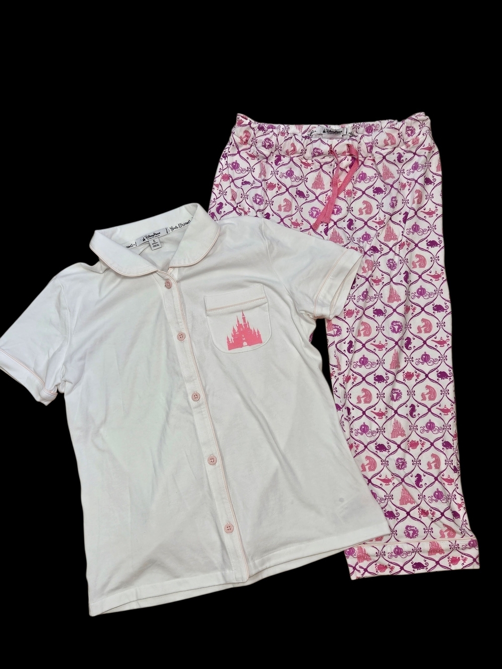 Disney Parks Pink Princess Print Two Piece Pajama PJ Set Women Small
